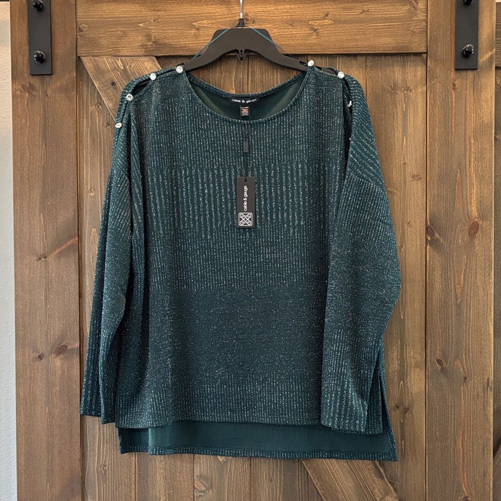 Cable & Gauge Dark Green Knit Sweater with silver shimmer.